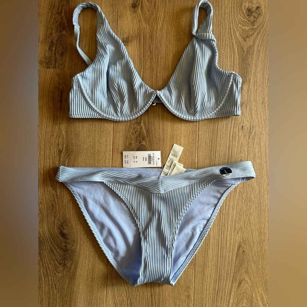 Blue Ribbed Triangle Bikini Set